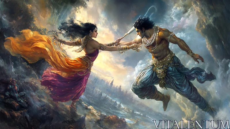 Mythic duel between airborne figures in turbulent landscape.