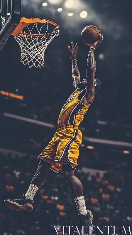 Basketball player executing right-handed dunk in arena.