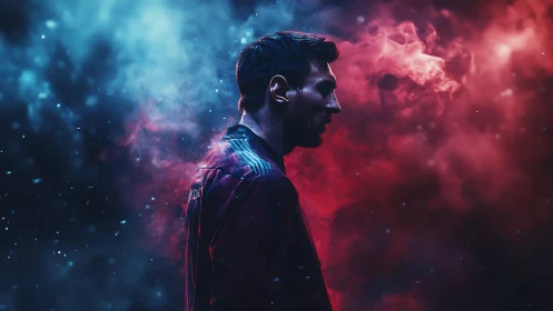 Nebula-lit silhouette of a lone player adrift in cosmic haze.