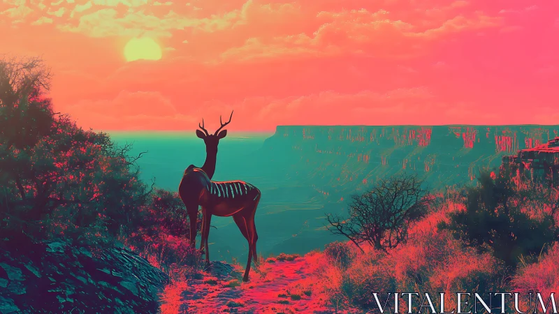Neon canyon sentinel deer under a candyfloss sunset sky.