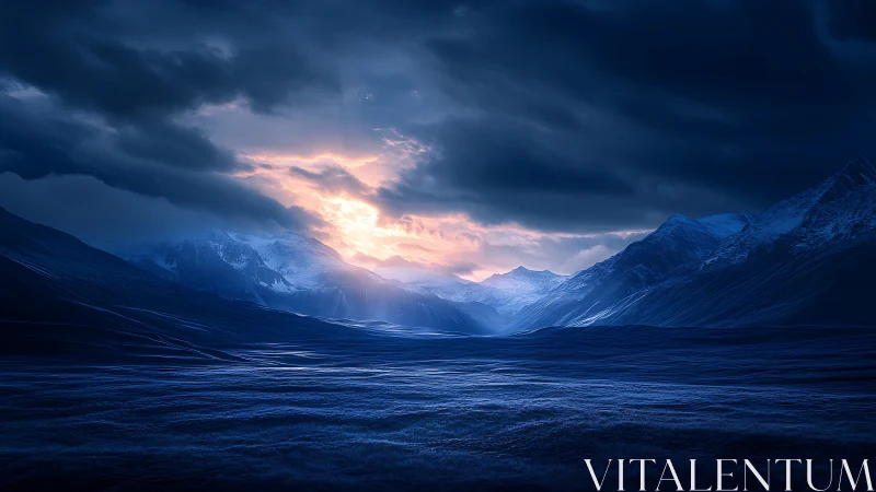 Midnight glacier valley basking in storm-lit sunrise glow.