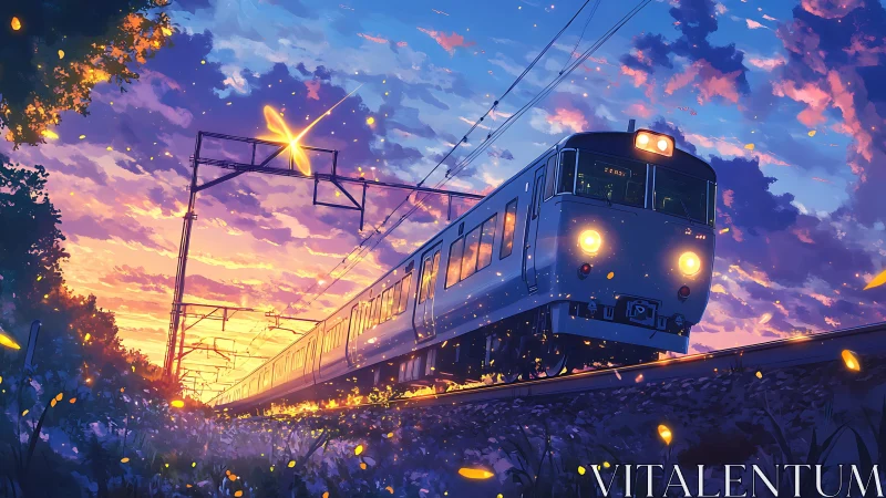Electric commuter train advances through glowing twilight sky