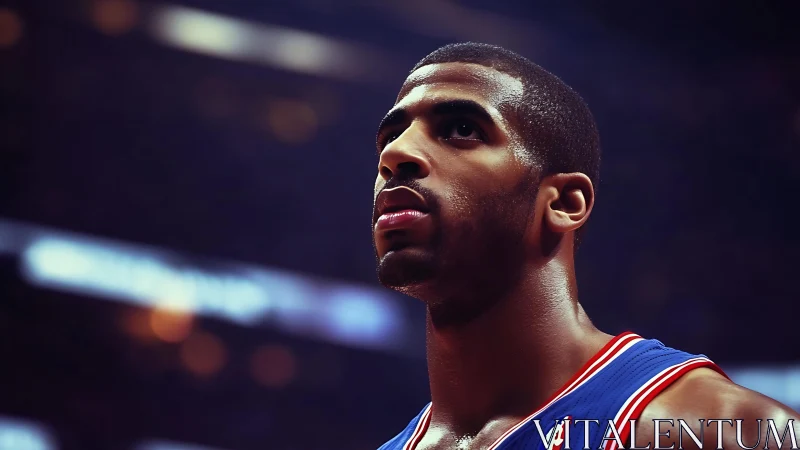Focused basketball player looks up under bright arena lights