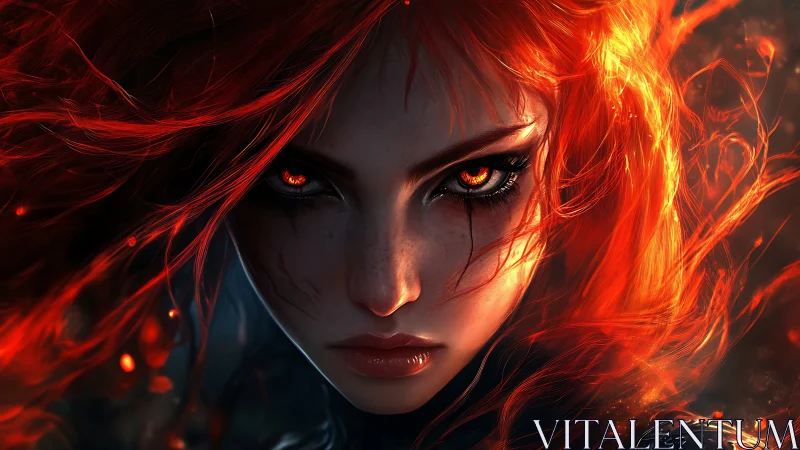 Fiery eyed woman stares forward amid glowing red hair