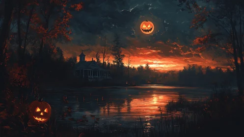 Halloween jack-o-lantern moon above eerie lakeside house.