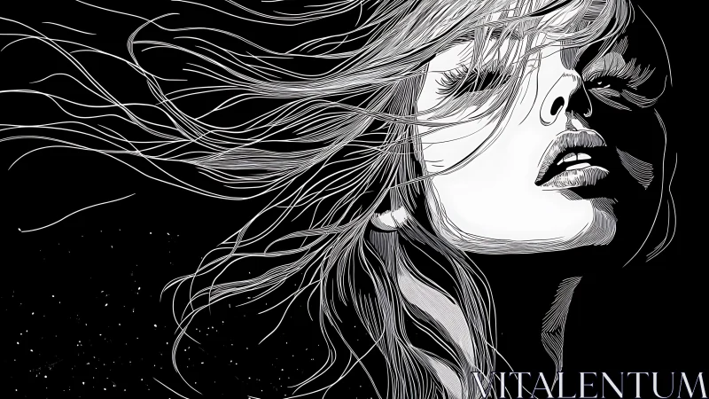 High contrast vector portrait with windblown flowing hair study