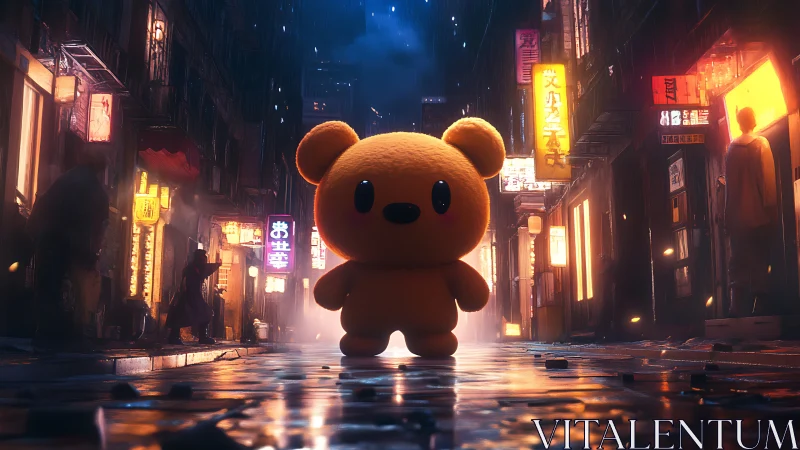 Cuddly bear mascot strolls through a neon soaked night alley