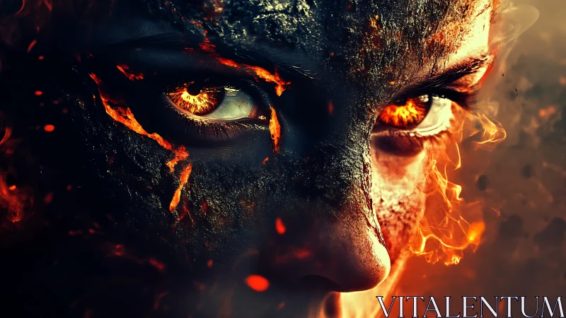 Infernal gaze emerging from molten, cracked visage.