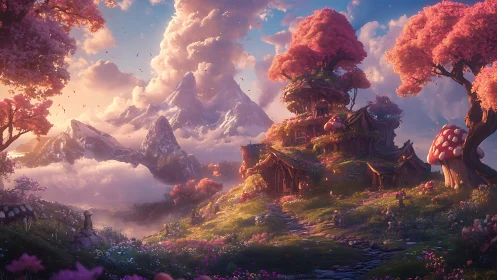Gentle pink treetop village glows beneath dreamy misty peaks