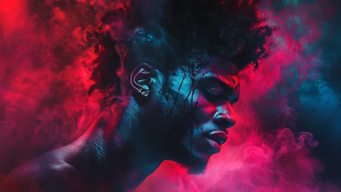 Neon-lit portrait emerges from swirling red and blue smoke.