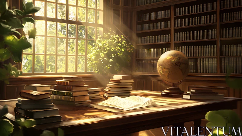 Sunlit study with books, globe, and large window scene.