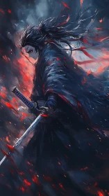 Volcanic katana duelist in dynamic chromatic turbulence.