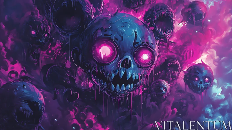 Neon nightmare skulls drifting through swirling cosmic fog.