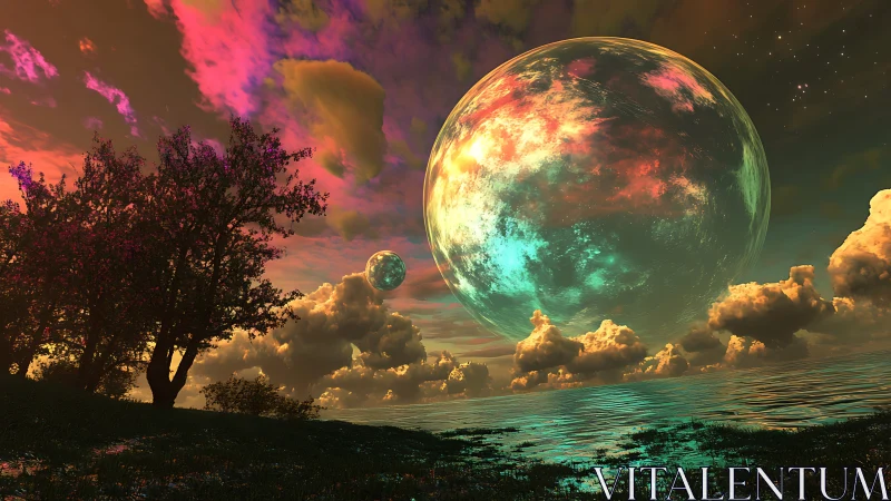 Colossal luminous planet rises above alien coastal landscape