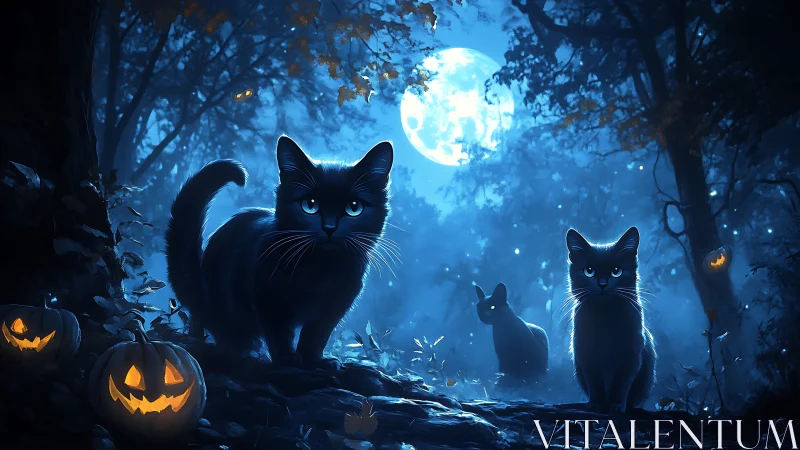 Black Cats Under Moonlight in Enchanted Forest.