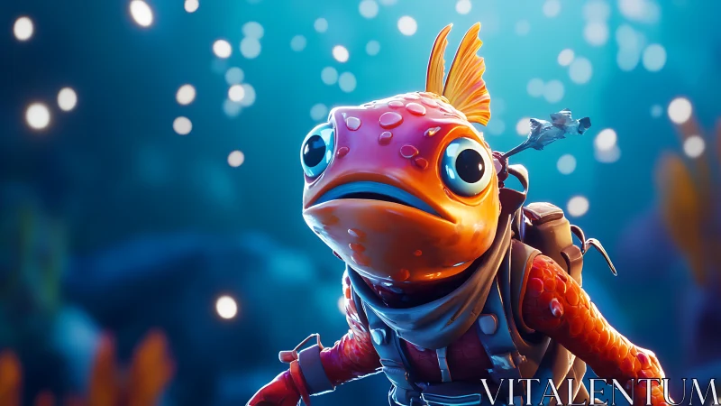 Curious orange fish adventurer explores a glowing blue sea