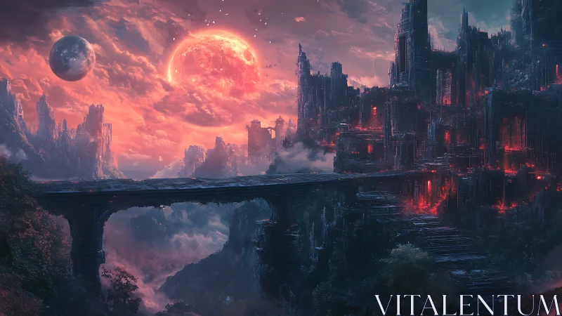 Alien red moon over dark fortress and stone bridge.