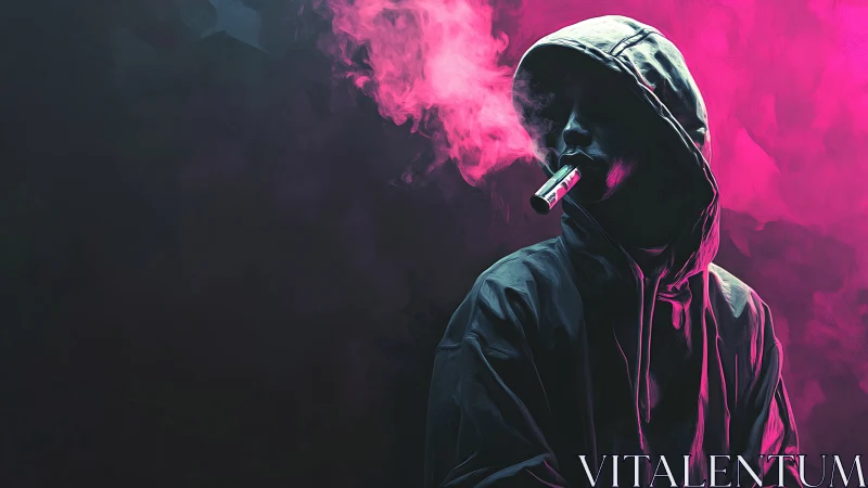 Hooded figure vaping in neon pink smoke digital portrait.