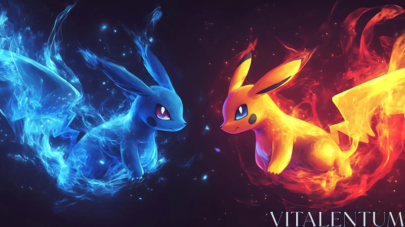 Elemental electric creatures clash in blue and red flames.