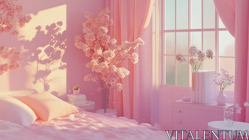 Soft pink bedroom with cherry blossoms and diffused sunrise light