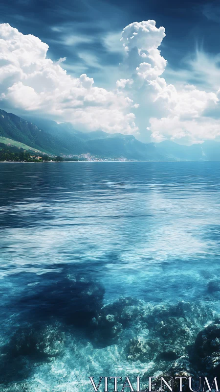 High-altitude coastal lake with cumulus towers and clear shallows