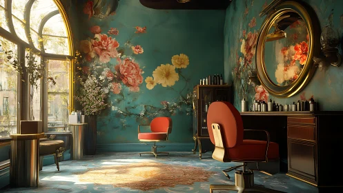 Sunlit floral salon interior glows with vintage elegance
