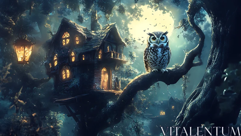 Moonlit owl guardian watching over a cozy forest treehouse.