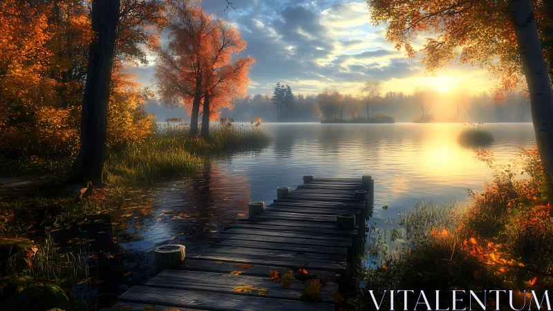 Gentle autumn sunrise over a quiet lakeside wooden dock.