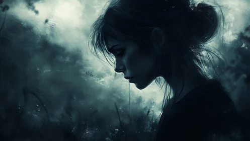 Melancholic female profile in moody digital portrait.