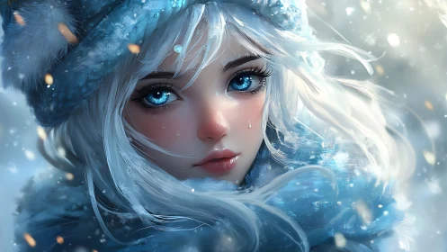 Blue eyed winter girl with white hair in falling snow.