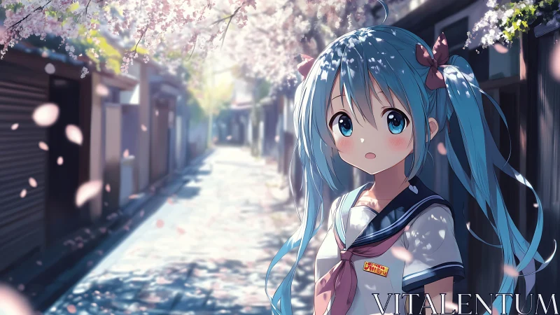 Blue haired schoolgirl pauses under drifting cherry blossoms.
