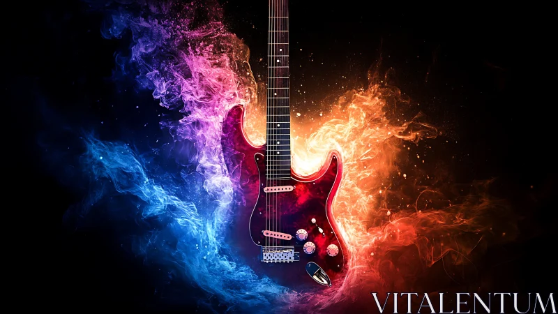 Electric guitar framed by blue and orange abstract flames.