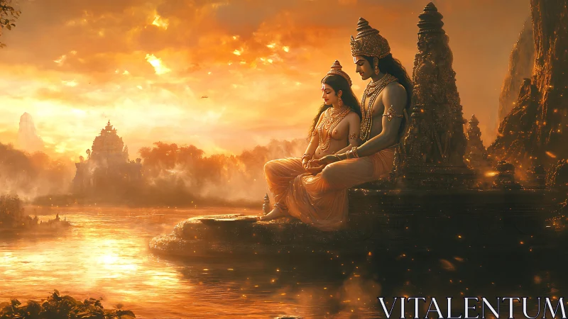 Divine couple seated by river in golden temple landscape.