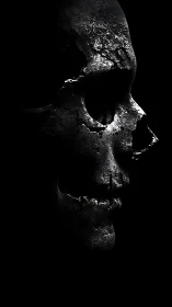 Eroded metallic skull profile rendered in high-contrast chiaroscuro