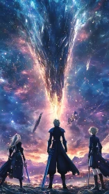 Warriors confront a blazing cosmic rift above ruined mountains