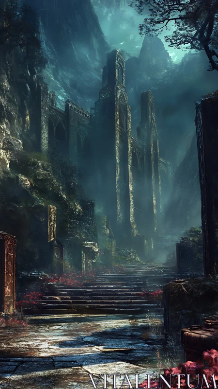 Ruined gothic mountain citadel with misted stair ascent