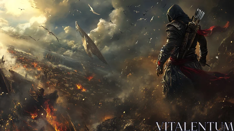 Hooded archer overlooks burning city under dark skies.