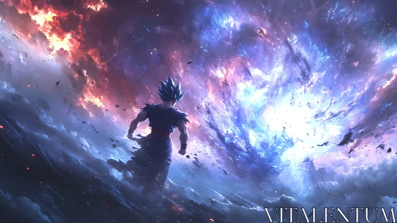 Silhouetted fighter confronts massive cosmic energy vortex