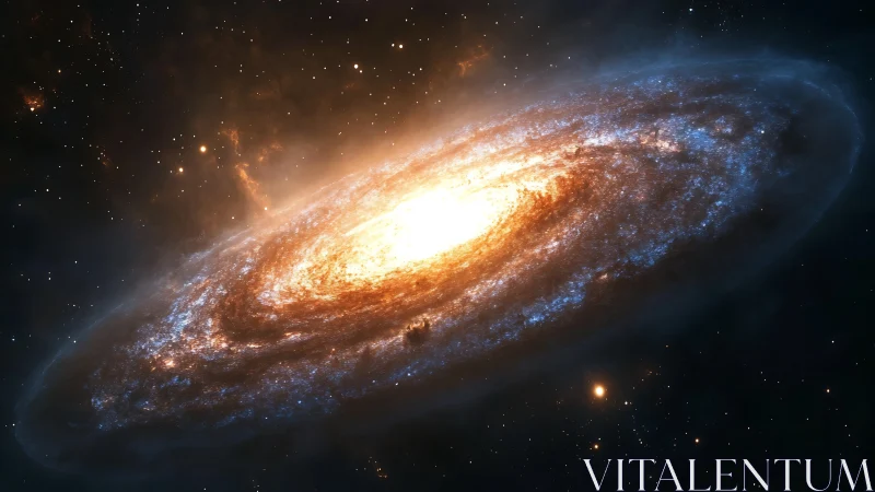 Spiraling golden galaxy radiates light against deep space