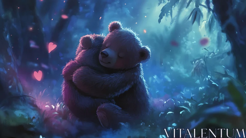 Digital bear couple hug under glowing enchanted forest night.