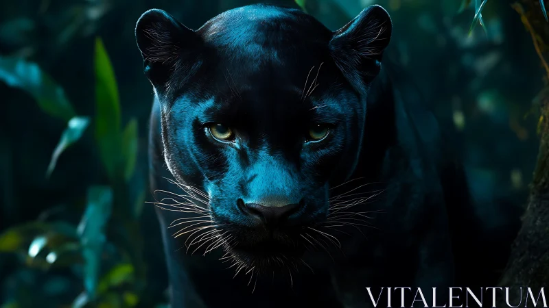 Bioluminescent Panther: Blue-Lit Big Cat Portrait Study.