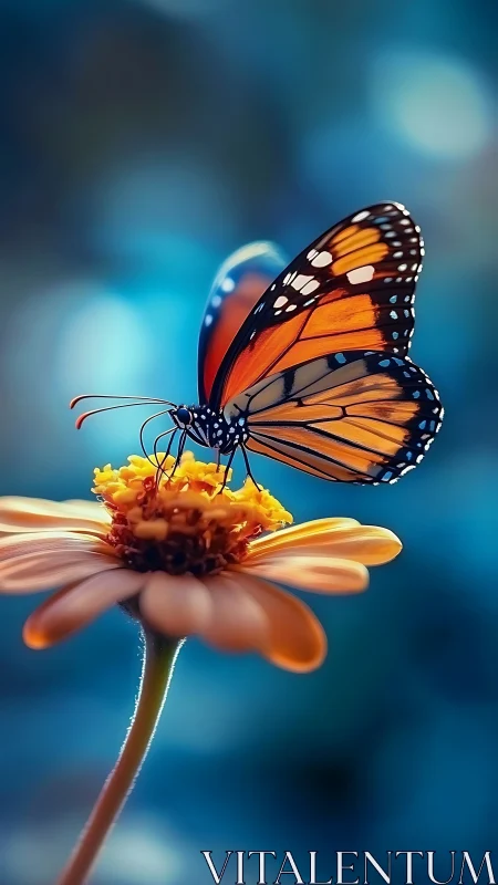 Monarch butterfly on orange daisy over soft blue bokeh background.
