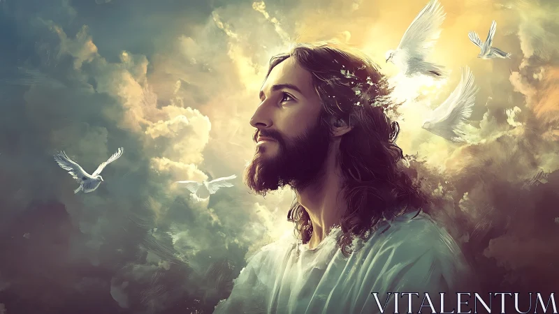 Serene bearded man with doves against glowing clouds.