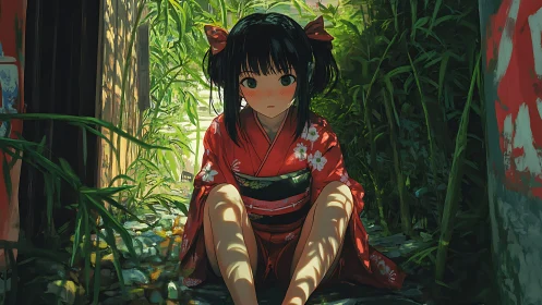 Anime courtyard portrait with dappled light and lush overgrowth.