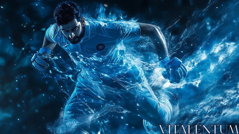 Cricket player sprints through blue energy in dramatic motion