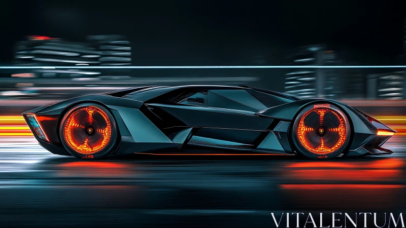 Futuristic hypercar streaking through neon city streets.