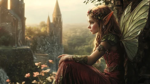 Winged child figure sits near stone wall overlooking valley