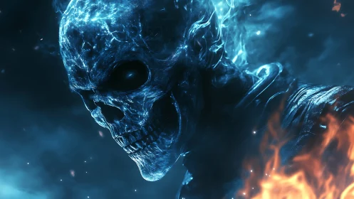 Volumetric blue flame skull with high-contrast thermal rim lighting