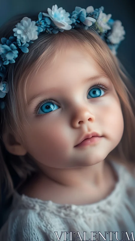 Blue eyed toddler portrait with floral headband focus.