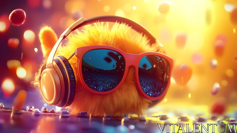 Vibrant furry DJ sphere with neon headphones and reflections.